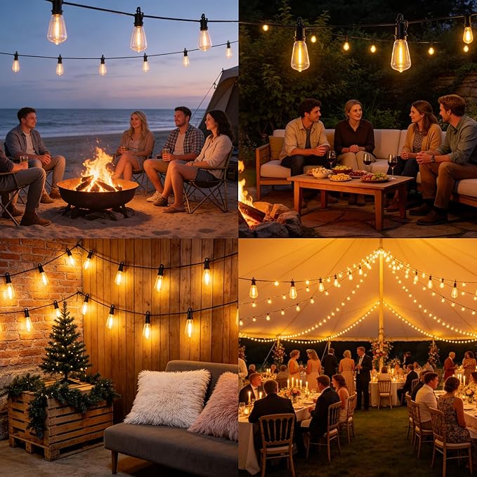 50FT Solar String Lights Outdoor with Remote, IP65 Waterproof Shatterproof ST38 15 LED Bulbs, 2700K Dimmable Outside Hanging Lights for Patio, Garden, Camping, Deck, Backyard Decor