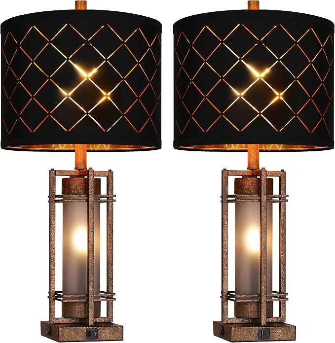 WIHTU Vintage Finish Table Lamp Set of 2 with USB Ports, Metal Desk Lamps | Black Grid Shade, Square Base, LED Bulbs Included E26 Base, with USB Port, Rocker Switch, Desk Lamps for Living Room, Bedroom