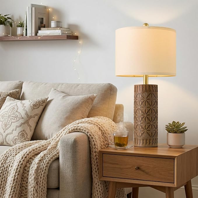 BOBOMOMO 24.25" Modern Farmhouse Table Lamps Set of 2, Geometric Wood Grain Resin Bedside Lamps for Nightstand, Rustic Lamps for Living Room, Bedroom, Entryway, Home Decor, Linen Shade