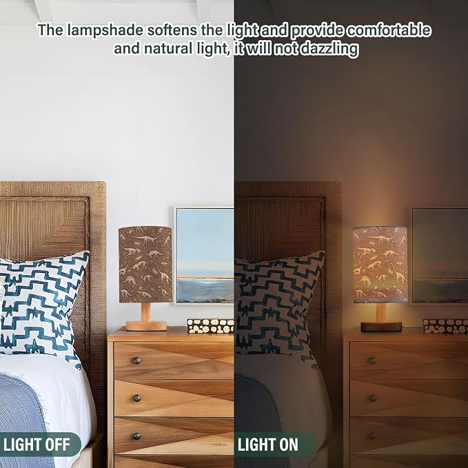 Table Lamp Dinosaur Fossil Dino Skeletons Pattern Nightstand Lamp with Wood Base Fabric Lamp Shade Bedside Desk Lamp for Living Room Bedroom Kids Room Office