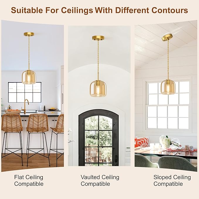 Pendant Lights 3 Pack,Pendant Kitchen Island Light with Amber Glass Shade,Gold Pendant Light Adjustable Hanging Light for Dining Room,Kitchen Island,Hallway,Living Room and Coffee Shop