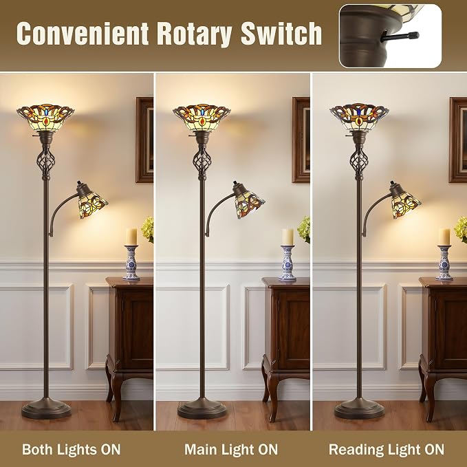 Tiffany Floor Lamp, Torchiere Floor Lamps with Stained Glass Shade, 70" Tall Standing Lamp with Adjustable Gooseneck Reading Lamp for Living Room Bedroom Office, Bulbs Included