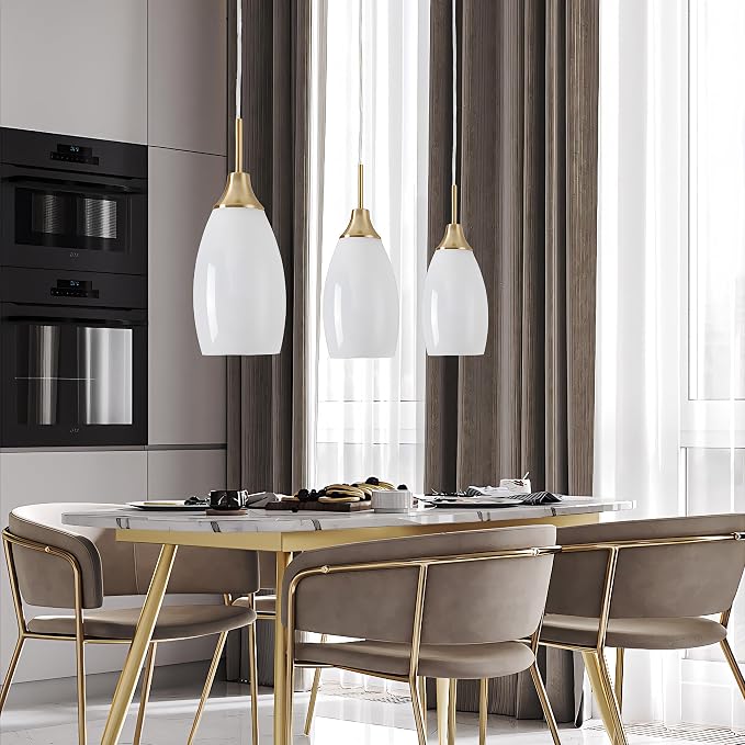 Viinew 4.72" Glass Pendant Light,3-Pack White Oval Glass Hanging Light | Handblown White Swirl Hanging Pendant Lamp Mini Art Glass Chandelier for Kitchen Dining Room Brushed Gold