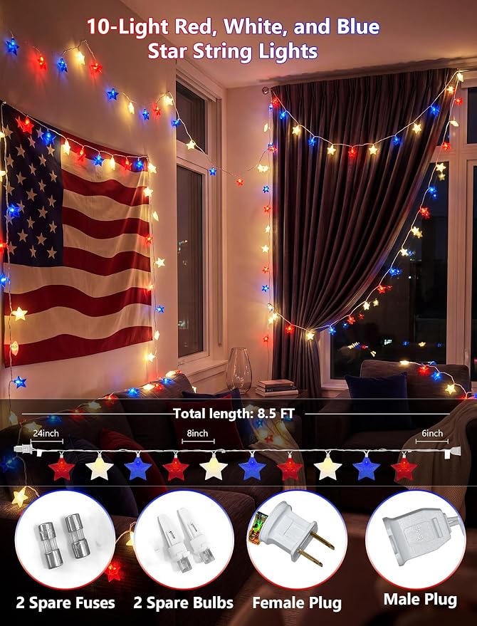 8.5Ft Red White and Blue Star Lights, 4th of July String Lights Plug in | 10 Five Star LED Bulbs, Connectable, Fourth of July Decorations for Independence Day Patriotic Party, White Wire