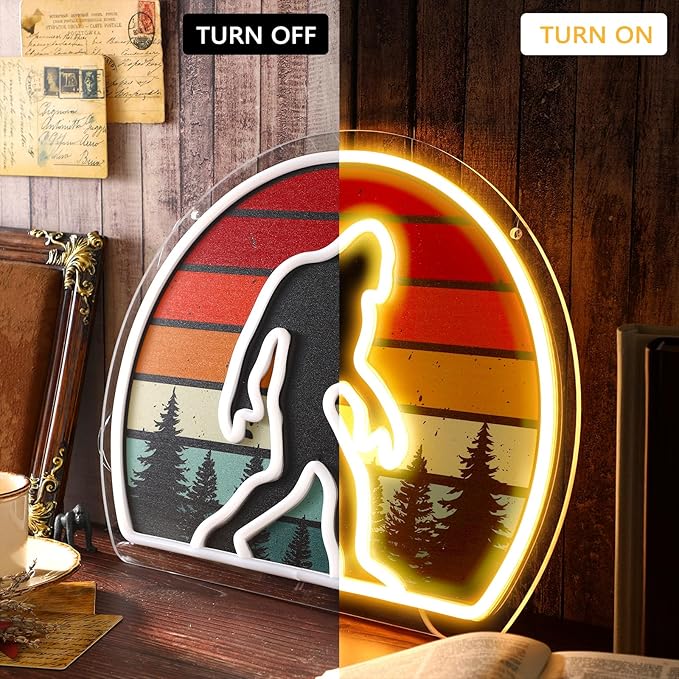 Sasquatch Neon Sign Bigfoot Neon Light for Wall Decor, Retro Sunset Sasquatch Forest LED Light up Sign for Man Bedroom Decor Birthday Holiday Big Foot Gifts, 15.35 x 12.2 Inch