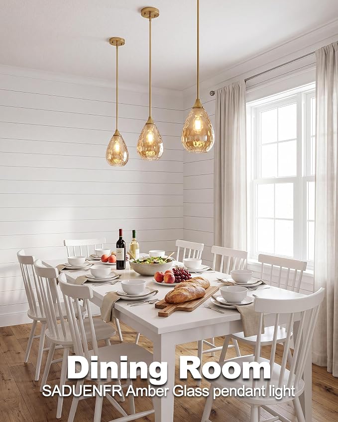 Brushed Gold Pendant Lights Kitchen Island 2 Pack, Modern Glass Pendant Light Fixtures with Amber Hammered Glass and Rods, Adjustable Brass Hanging Light for Kitchen Sink Dining Room Bathroom