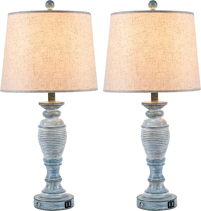 Farmhouse Table Lamps for Living Room, Touch Control, Set of 2 | 27.7" Table Lamps for Bedroom, Nightstands, Hallways, Bedside, 3 Way Dimmable Touch Contorl, USB A+C Ports, Bulbs Included