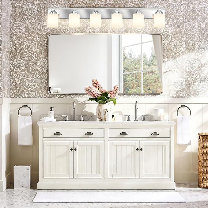 Modern Bathroom Lighting Fixtures Over Mirror, Vanity Lights for Bathroom, Wall Sconces with Milky White Glass Shades, E26 Ceramic Socket, 6-Light 43-inch Chrome