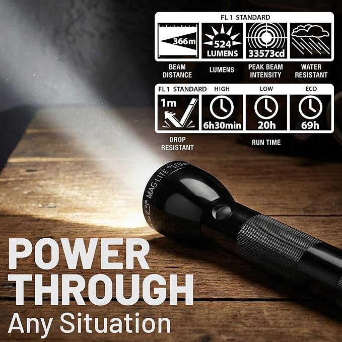MagLite ML300L LED 4-Cell D Flashlight, Adjustable Focus, Long Battery Life, Water-Resistant, Tactical and Emergency Use – Black