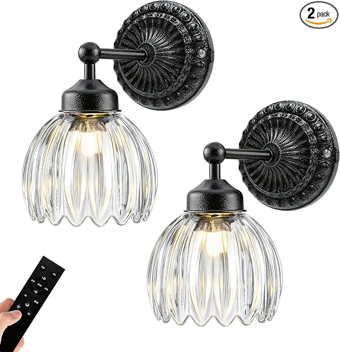 Battery Operated Wall Sconce, Vintage Wall Light, 2 Pack, Clear Tulip Glass | Black Metal Base, 5200mAh Rechargeable, Dimmable LED, Remote Control, Cordless, Bedside, Bedroom, Doorway, Living Room
