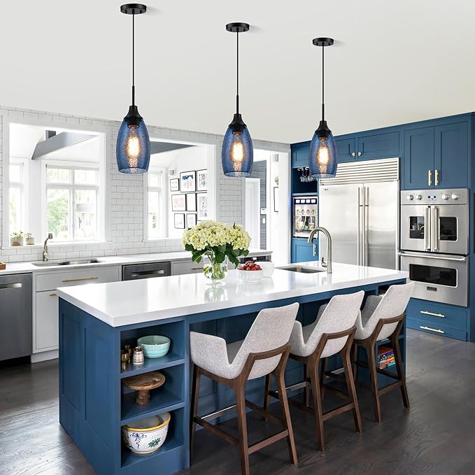 Viinew Mini Glass Pendant Light 3-Pack Dark Blue Seeded Hanging Light | Handblown Dark Blue Marble Art Glass Shade Ceiling Light 4.72" Hanging Pendant Light for Kitchen Island,Dining Room