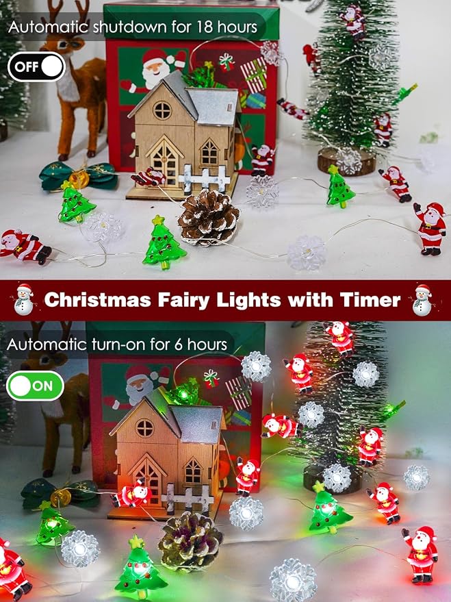 Christmas Tree Santa Snowflake Fairy Lights Battery Operated with Remote | 10FT 30LED, 8 Modes & Timer, Waterproof Wire, Christmas Fairy Lights Twinkle for Indoor Outdoor Xmas Fireplace Window Decor