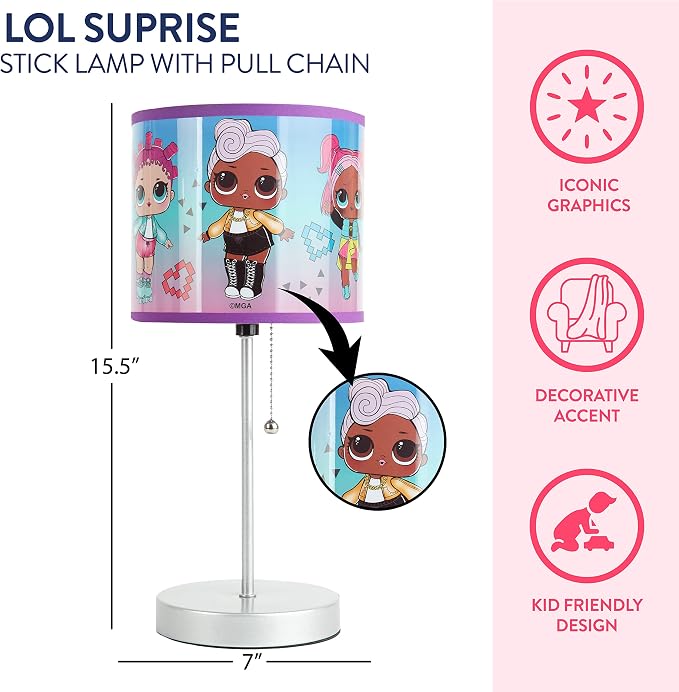 LOL Surprise Kids Stick Table Lamp,Pull Chain On/Off with Themed Printed Decorative Shade, Bedroom & Playroom Lighting