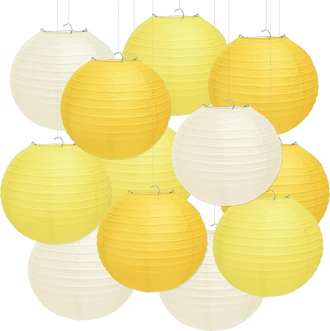 12 Pcs Yellow Paper Lanterns, 10" Hanging Paper Lanterns, Yellow Party Decorations for Engagement Wedding Sunshine Birthday Party Classroom Home Decor