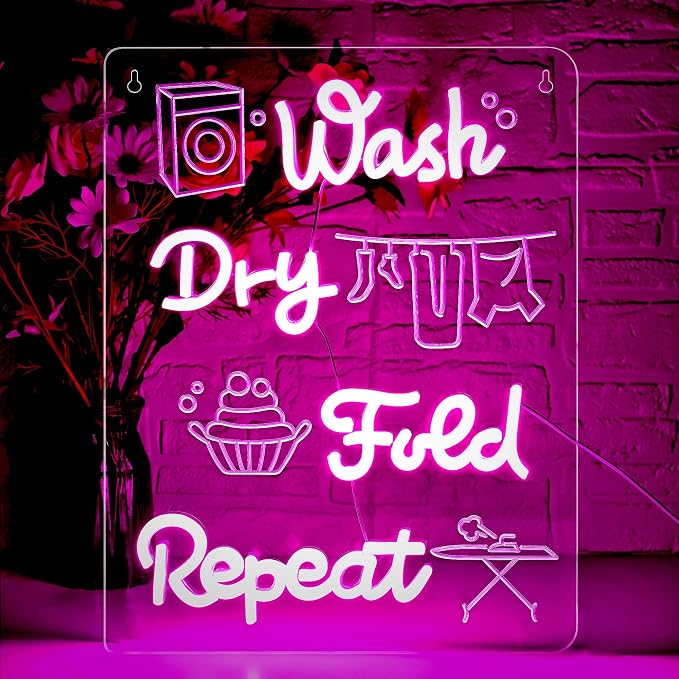 Wash Dry Fold Repeat Neon Sign for Wall Decor | Dimmable pink laundry neon light, bathroom home business wall decor, gift for home organizers, size 15.4*11.4 in