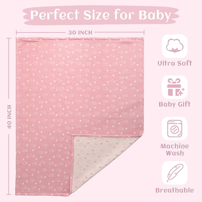 NTBAY 3 Layer Muslin Toddler Blanket, 30 x 40, Pink Rabbit | Breathable Muslin Cotton Outer Layers with Light Thermal Fill, Reversible for Stroller, Daycare, Travel, and Supervised Use
