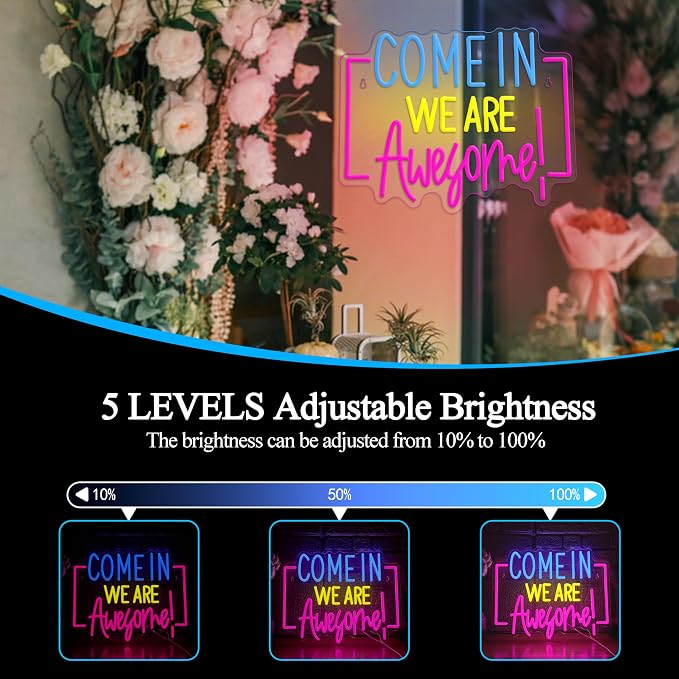 Come In We Are Awesome Neon Sign Usb Powered Positive Quotes Neon Light for Wall Decor Dimmable Open Come In Light Sign for Bar Coffee Hotel Shop Pub Store(15.75 * 12.6In)