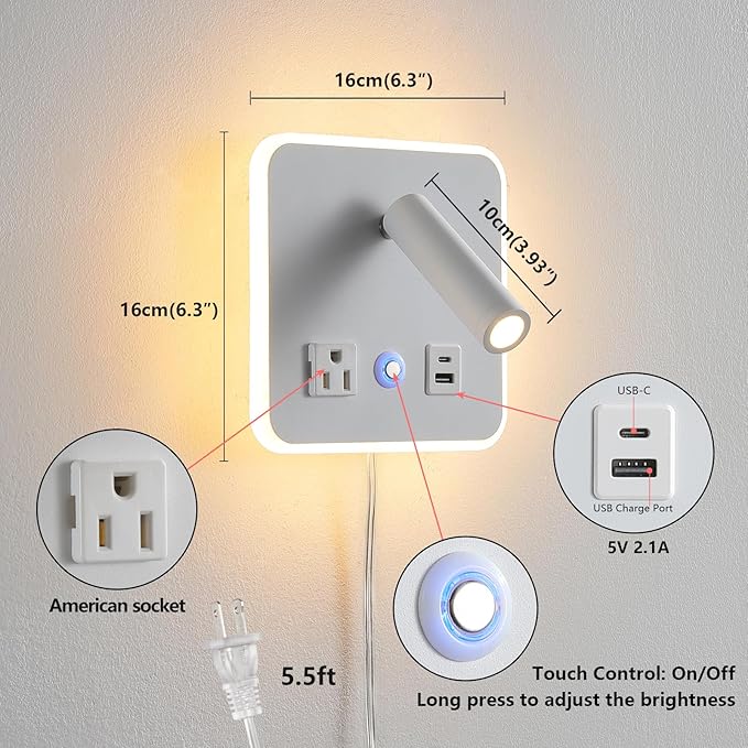 LED Wall Lamp Dimming Wall Mounted Reading Lights, Adjustable Headboard Plug in Wall Sconce with USB+USB C Ports, Headboard Bedside Lamp with 6W+3W Night Light 3000K (White)