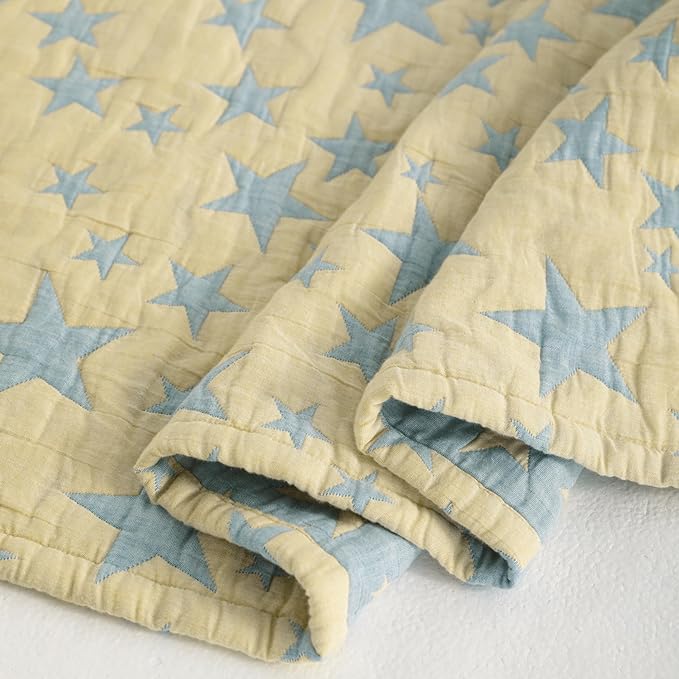 NTBAY 3 Layer Muslin Toddler Blanket, 30 x 40, Blue and Yellow Star | Breathable Muslin Cotton Outer Layers with Light Thermal Fill, Reversible for Stroller, Daycare, Travel, and Supervised Use