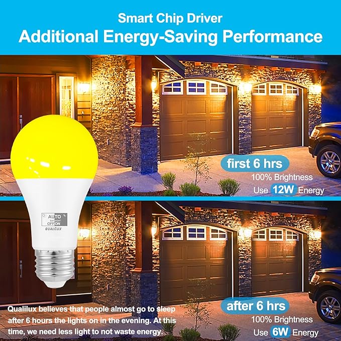 Dusk to Dawn Light Bulbs, Auto On/Off Light Sensing LED Bulbs Outdoor, Amber Yellow Bug Light, A19 2-Pack, 12W 800LM 60W Equivalent, HQ-H019