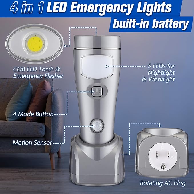 Enhon 3 Pack 4 in 1 LED Emergency Lights for Home Power Failure,Silver | Rechargeable plug-in flashlight, motion sensor night light, auto turn-on during blackout, hurricane supplies