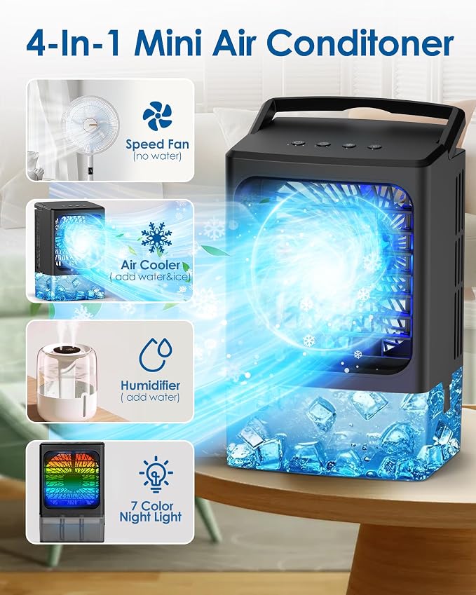 Mini Air Conditioner,Portable Air Conditioners,Evaporative Air Cooler Humidifier, 3 Speed Quiet Personal Cooling Fan, 7-Color LED Night Light, 4/8H Timer for Bedroom, Office, Camping, Room,Home