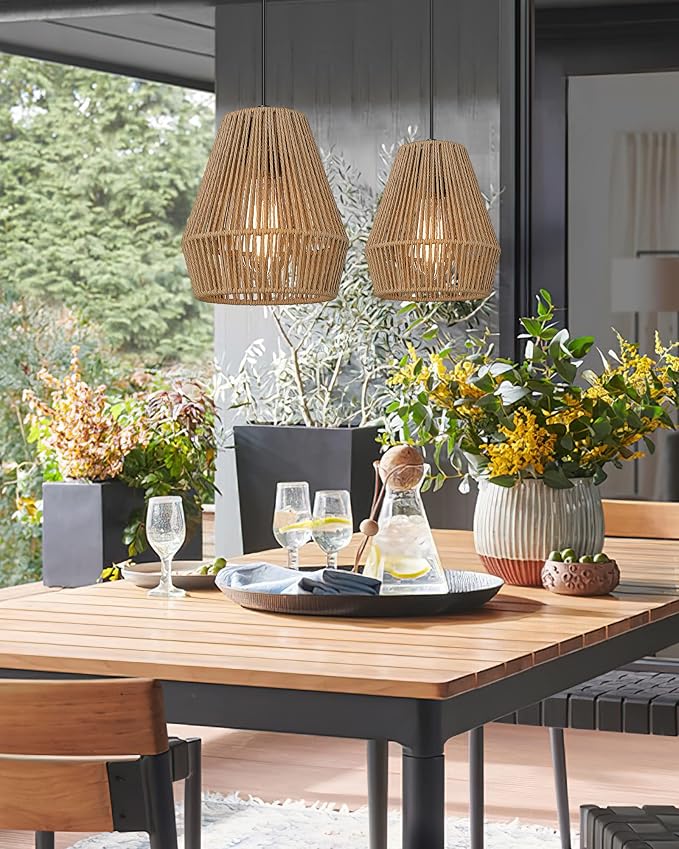 ELYONA 3 Pack Japandi Woven Pendant Lights 7” Modern Boho Hanging Lamp with Handwoven Rattan Shade, Adjustable Farmhouse Coastal Pendant Light Fixtures for Kitchen Island,Dining Room,Bar, Hallway