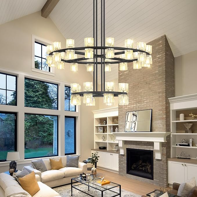 D16''+D32'' 2 Tier Black Wagon Wheel Chandelier, 48-Lights Farmhouse Pendant Light Fixture, Round Rustic Hanging Lighting for Dining Room Kitchen Island Foyer Entryway