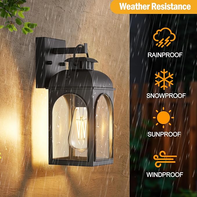 EJIAXIN 2 Pack Outdoor Wall Lights,Modern Black Exterior Wall Lanterns | Waterproof Metal Construction,Rust-resistant,Clear Glass Shades,Standard E26 Socket,Quick Installation,for Garage Doorway