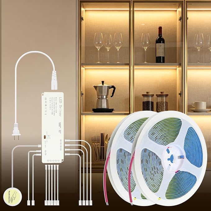Warm White Under Shelf Lights Strip with Hand-Sweep On/Off 32.8FT 12V 3000K | 2 Rolls of 16.4ft 100W,Self-Adhesive Dimmable COB LED Strips Light,Cuttable DIY Shelf Lighting for Bookshelf Pantry Closet