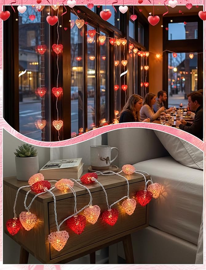 8.5ft Valentine’s Day Heart String Lights Plug in, Valentines Decoration | 10 LED Red White Shatterproof Vintage Rattan, Indoor Fairy Lights for Home Decor Wedding Outdoor Party, Warm White