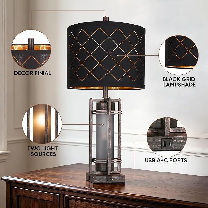 WIHTU 27'' Modern Table Lamp with Nightlight, Metal Bedside Lamps,Black ORB | Black Grid Shade, Square Base, LED Bulbs Included E26 Base, with USB Port, Rocker Switch, Desk Lamps for Living Room, Bedroom