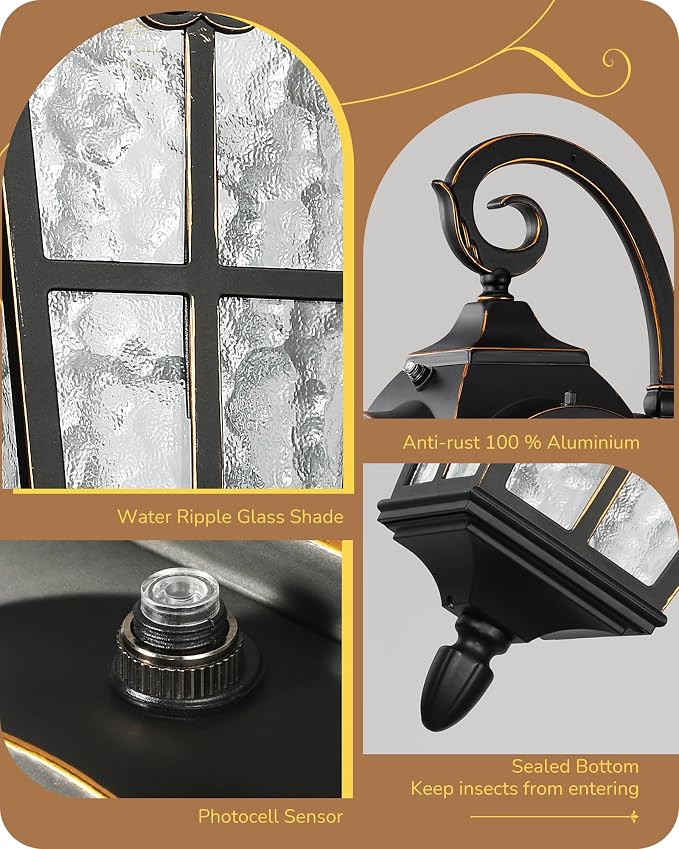 EDISHINE Dusk to Dawn Outdoor Wall Lights, 20.4" Large Size Exterior Lantern Fixture, Porch Lights Wall Mount, Roman Wall Lamp, Waterproof Outside Wall Sconce for Front Door Garage, Black | Large Size, Auto ON/OFF, Water Ripple Glass, E26 Socket, Roman...