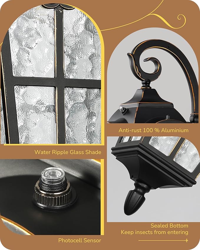 EDISHINE Dusk to Dawn Outdoor Wall Light, Roman Large Size Exterior Lantern Fixtures, E26 Base, Waterproof Porch Lights Wall Mount, Black Outside Wall Sconce, 2 Pack