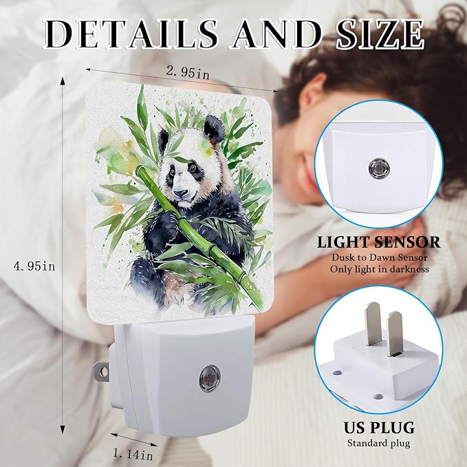Watercolor Panda Bamboo Night Light, Plug-into Wall Cute Animal Asian Bear Nightlight Lamp with Dusk to Dawn Sensor, Led Lamp 0.5W Energy Efficient for Boys Girls Adults Home Decor