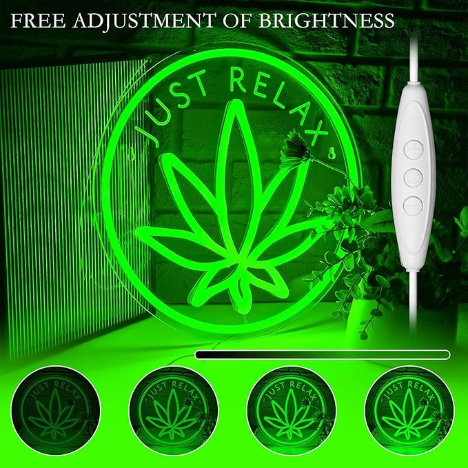 Just Relax Neon Sign Dimmable Green Leaf LED Neon Lights Signs for Wall Decor Leaf Weed Neon Light for Man Cave Smoker Bedroom Game Room Hotel Bar Club Party Decor