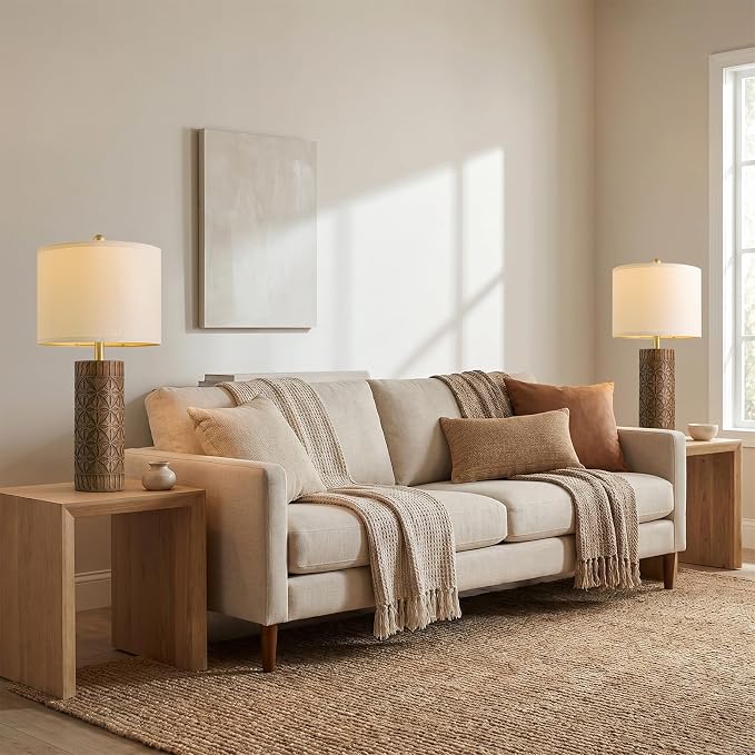 BOBOMOMO 27" Tall Table Lamps Set of 2, Modern Farmhouse Geometric Bedside Lamps, Rustic Wood Grain Resin Nightstand Lamps for Living Room, Bedroom, Entryway, Linen Shade, Cottage Home Decor