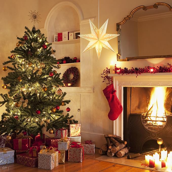IMIKEYA Christmas Star Paper Lantern: 45cm Star Lamp Shade Paper Lantern Lamp Decorations Hollow out Hanging Lamp Shade for Christmas Wedding New Year Party Decorations (White)