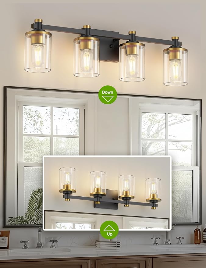 Bathroom Light Fixture, Bathroom Vanity Light Over Mirror, 4-Lights | Vanity Lights for Bathroom, Modern Lighting Fixtures with Clear Glass Shade, Black and Gold Vanity Lights, ETL Listed