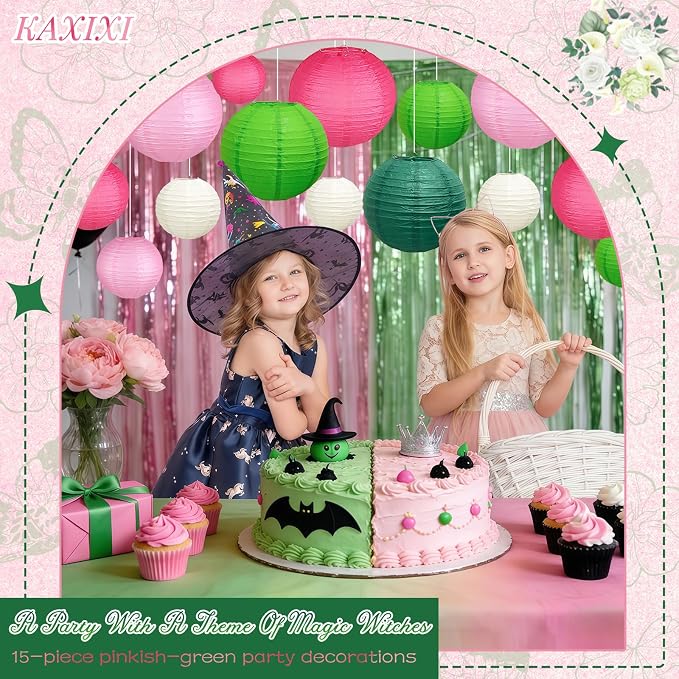 15-Piece Pink Green White Paper Lanterns Party Decorations | 6/8/10-Inch Hanging Decor for Princess Birthdays, Baby Showers, Witch Themes, Bachelorette and Summer Parties