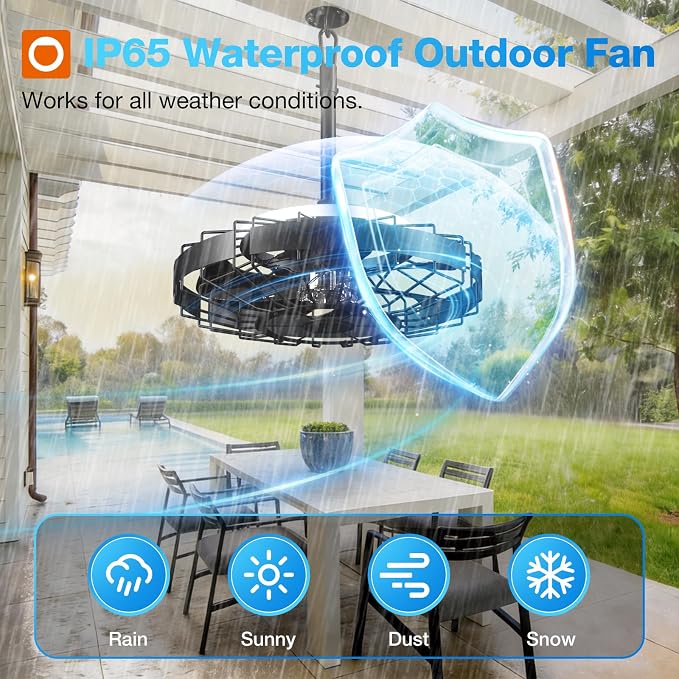 addlon 20" Outdoor Ceiling Fan with Light for Patio, IP65 Plug in Caged Fan | Waterproof, Hanging, Reversible DC Motor, 6 Speeds, Remote/APP Control, Quiet Operation, Timer, for Gazebo, Patio, Porch