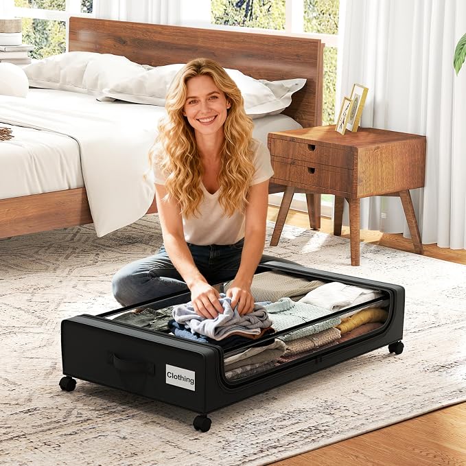 GoMaihe Under Bed Storage with Wheels 48L Black 4-Pack | Underbed Storage Containers with Lids Rolling Drawers & Bins for Shoes Clothes in Dorm Bedroom - Space-Saving Easy Pull-out
