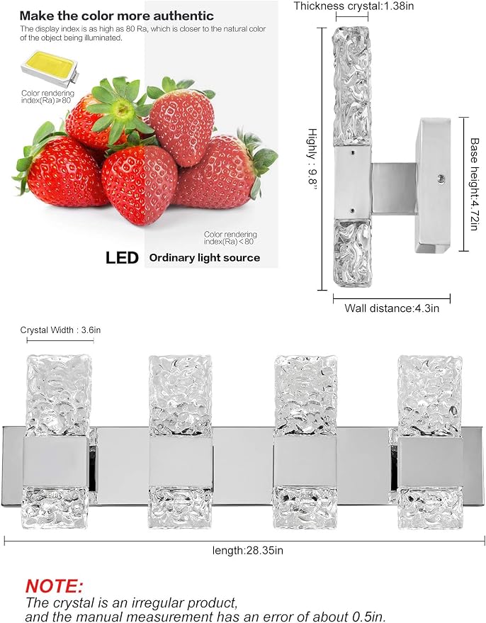 Modern LED Bathroom Vanity Light Fixtures Chrome Stainless Steel 4 Light Wall Sconces Over Mirror 28 Inch 40w Crystal Cool White 5800K Dimmable