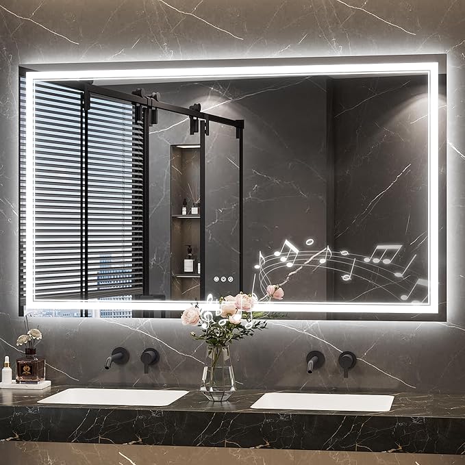 Keonjinn 60 x 36 Inch Lighted Mirrors for Bathroom Wall with Bluetooth Speaker, Frontlit & Backlit LED Bathroom Mirror, Bluetooth Mirror Bathrooms, Tempered Glass, Defogger, 3 Color Lights, Dimmable