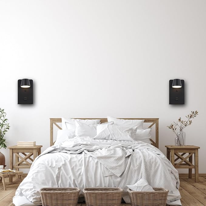 DEC LUCE DECOLUCE LIGHTING Modern LED Plug in Wall Sconce, Dimmable Wireless Wall Light Fixtures with Shelf and USB Port, 6W,600LM, Rotatable Small Reading Wall Lamp for Bedroom Bedside, Black