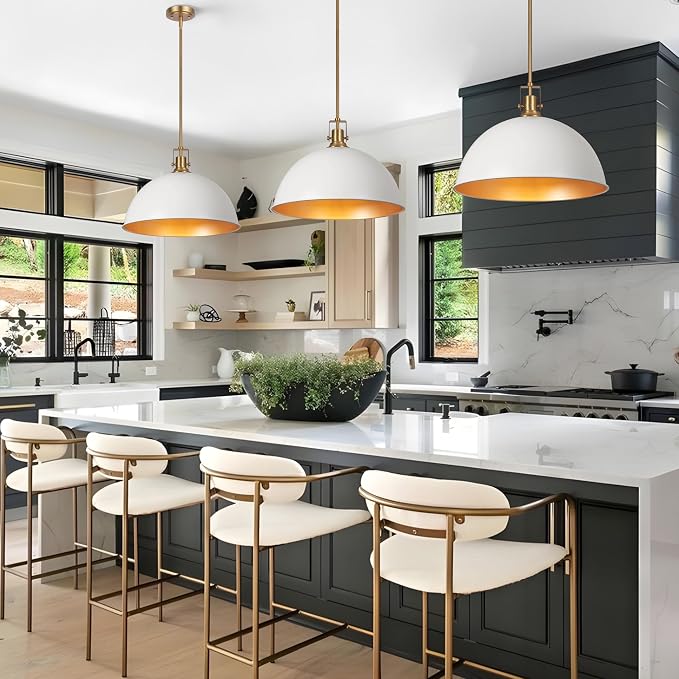 LamQee 18 Inch White and Gold Large Pendant Light Kitchen Island, Farmhouse Modern Dome Pendant Light Fixtures Ceiling Hanging Lighting Chandelier for Dining Room Over Table, Bar, Hallway, Entryway