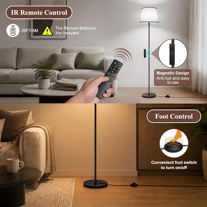 Ascher 2000LM Super Bright Floor Lamp, 18W LED Standing Lamp with 3000K-6000K & 7 RGB Colors, Remote & Foot Control, Dimmable Tall Lamp for Living Room Bedroom Office (Beige Flaxen Shade)