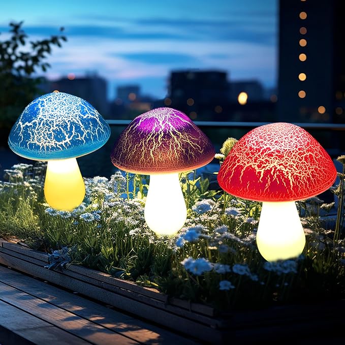 Solar Garden Decor Lights 8 Crack Mushrooms Outdoor Decor Stake Lights, Waterproof Solar Pathway Light Gardening Gifts for Garden Gnomes Backyard Flower Bed Christmas Decorations