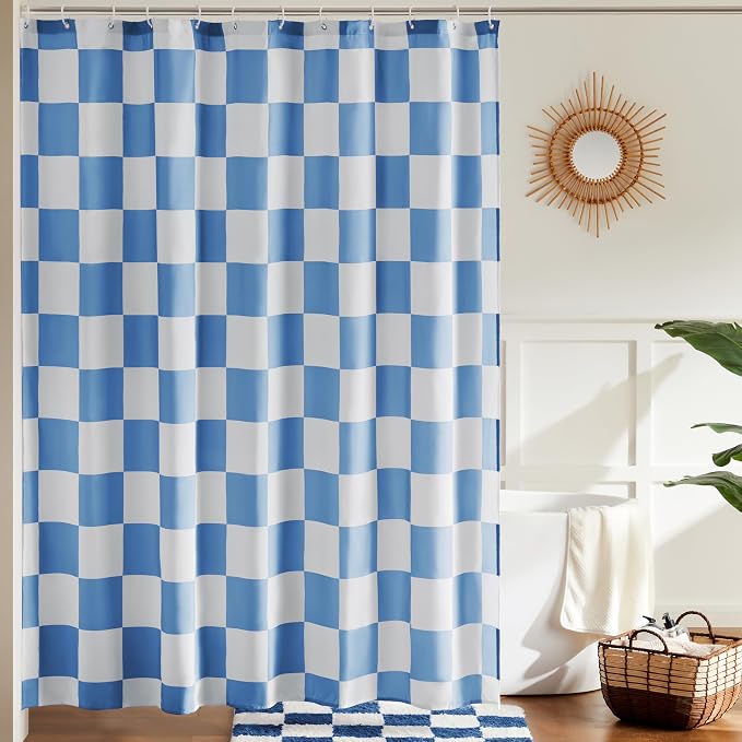 Ohocut Checkered Shower Curtain, Blue Shower Curtains for Bathroom, Cute Retro Checkboard Shower Curtain Vintage Aesthetic, Washable Fabric Bath Curtain 72''x72''