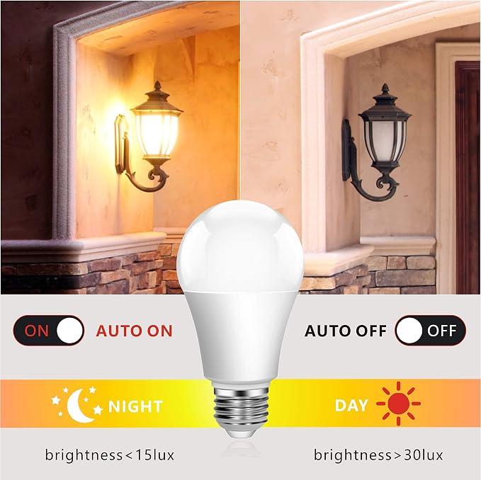 Boxlood Dusk to Dawn Light Bulb,Build in Light Sensor Detector,9W(60W Equivalent),A19 Photocell Sensor Bulb,No Timer Required,3000K Warm White,for Indoor or Outdoor Use,Boundary,Garage,Patio,2-Pack